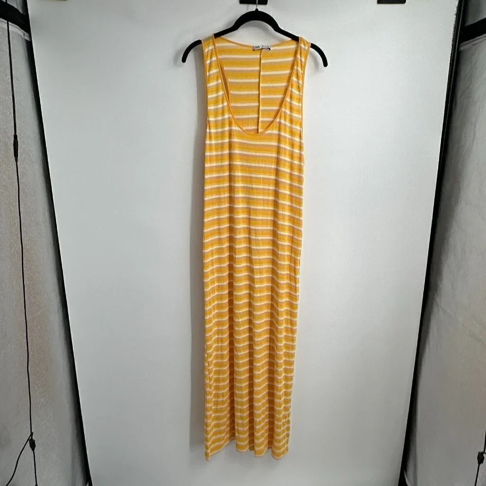 Zara Womens Dress Large Maxi Stretchy Yellow Striped Sleeveless Knit Summer
